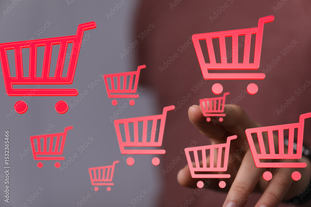 Poster ecommerce concept. person interacts with virtual shopping carts. buy online.