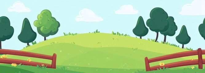 Tranquil Pastoral Pixel Art Rolling Green Hill with Trees and Fences