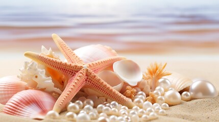 A peaceful, high-resolution beach composition with a golden-orange starfish laying at an angle on powdery white sand.