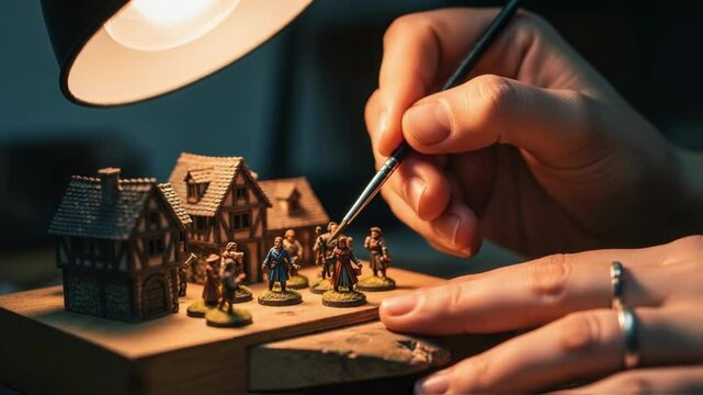 Artist's hands meticulously paint a detailed miniature figurine with a brush under lamplight, with other figures and houses nearby, showcasing craftsmanship, hobby, and the art of diorama creation