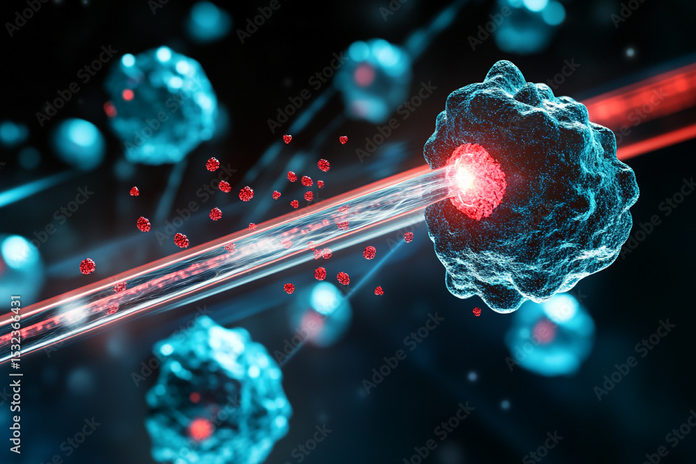 Aufkleber microscopic view of a beam targeting a cell releasing particles