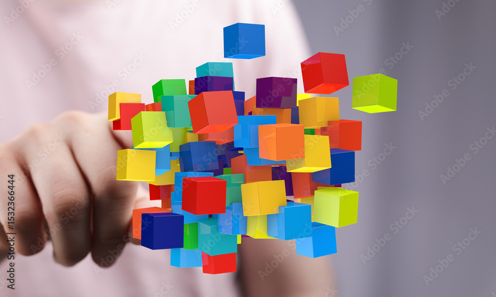 Poster abstract image of colorful cubes, symbolizing data, connection, and innovation. ideal for tech, busi
