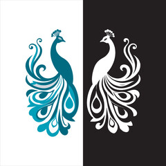 Elegant Peacock Vector Illustration,Decorative Peacock Design with Long Feathers,Beautiful Stylized Peacock Artwork,Blue and White Peacock Graphic Design,Symmetrical Peacock Line Art Vector