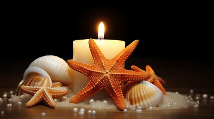 A rustic orange starfish with rich texture, surrounded by glistening white pearls and smooth seashells resting on flawless white sand, the background softly blurred for depth and focus.