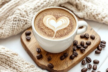 Fototapeta premium Warm Cappuccino with Heart Latte Art and Knitted Sweater