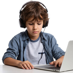 A young boy with headphones using a laptop computer on a white desk against a black background image