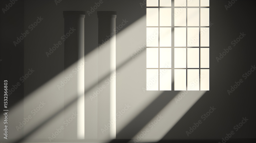 Poster a minimalist interior with two columns illuminated by sunlight streaming through a large grid window