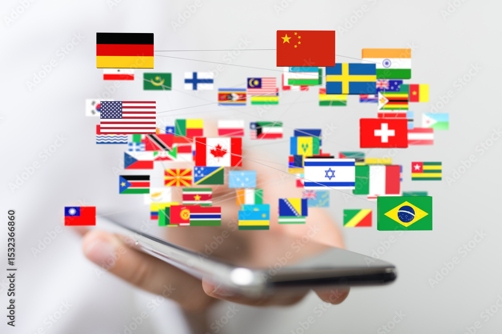 Poster Image of various national flags connected on a smartphone, symbolizing global connectivity.