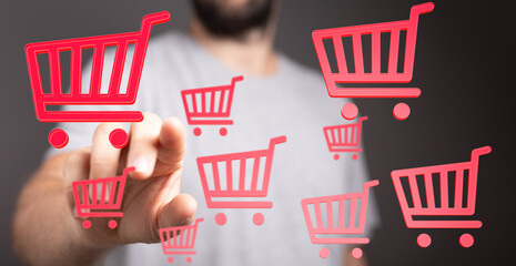 Person using touchscreen, interacting with digital shopping carts,online shopping, ecommerce,...