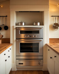 Fototapeta premium Big white oven in classic kitchen filled with golden afternoon sunshine aesthetic kitchen interior design wallpaper background