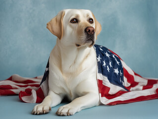 A realistic white Labrador Retriever lies gracefully while draped in the American flag. Set against a soft blue background, the image conveys patriotism, loyalty