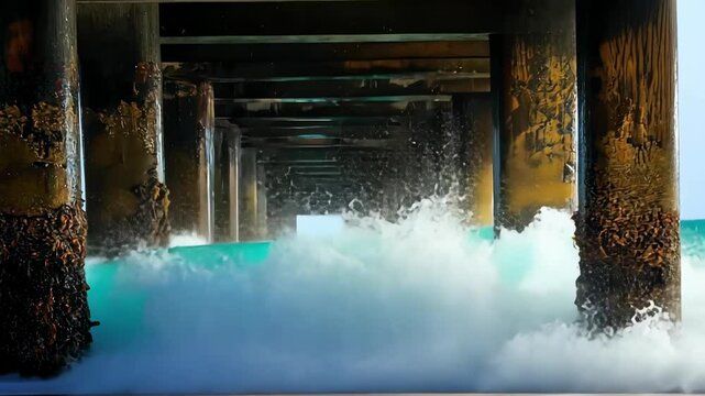 Waves crashing against barnacle covered pier columns. Ocean and beach view.