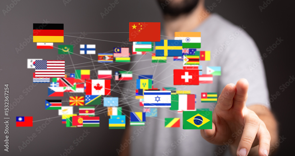 Poster Image of a man interacting with a digital network of flags representing global connections and collaboration.