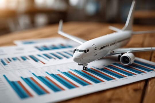Business analysis and planning with airplane model and charts on wooden table