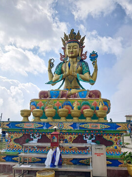 A 35 ft tall golden statue of Buddhist saint Avalokiteshvara (Chenrezig) at Chittray near Tumling in Darjeeling. He is the deity among the tenth-level Bodhisattvas associated with great compassion.