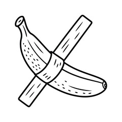 Line art drawing of a banana tied with sticks