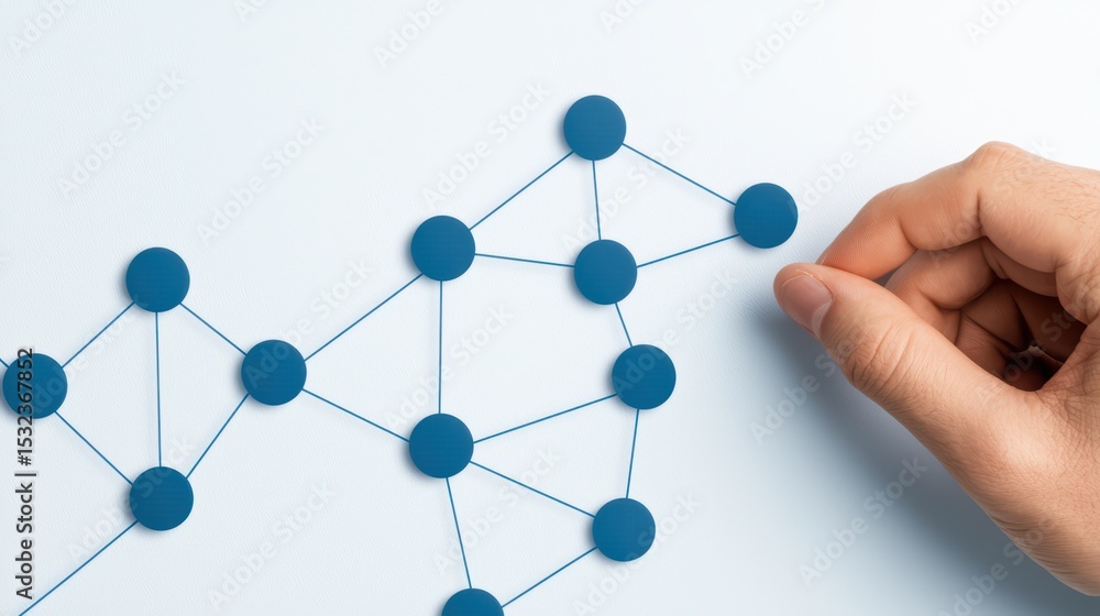 Poster hand connecting circles in a network diagram on a blue background for abstract representation of com
