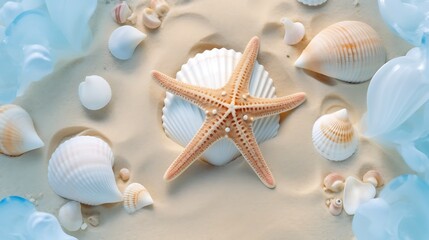 A top-down macro shot of a single pale blue starfish surrounded by tiny white pearls and smooth, polished seashells, arranged in a loose circular pattern on clean white sand.