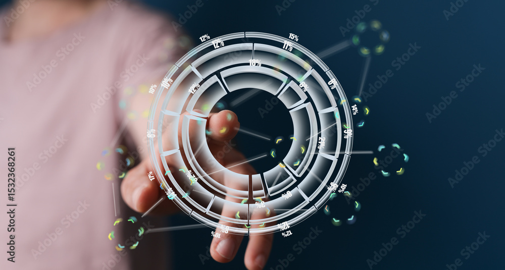 Poster Person interacts with a digital dashboard showing key performance indicators and data insights.