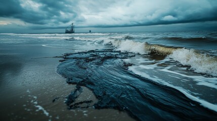A dark oil spill spreads across the sandy beach, with waves crashing nearby. Stormy clouds loom overhead, creating a dramatic atmosphere.