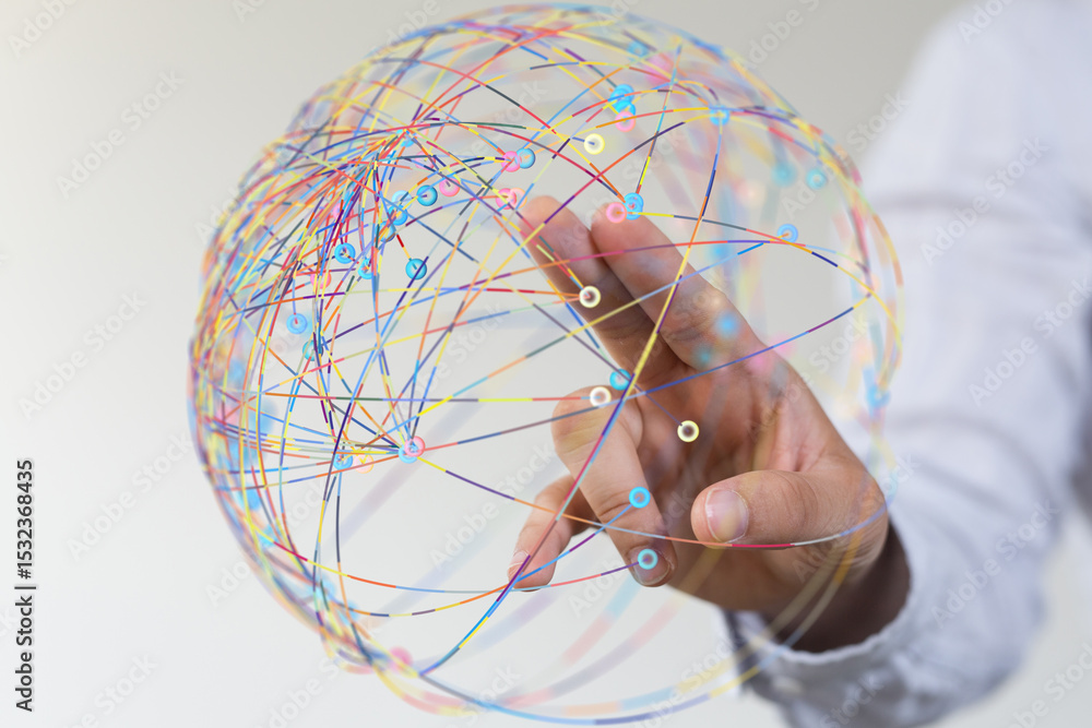 Poster Abstract image of a hand interacting with a colorful global network sphere. Represents connection, technology, and communication.