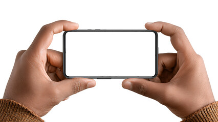 Hand holding the blank screen phone horizontally on transparent background PNG