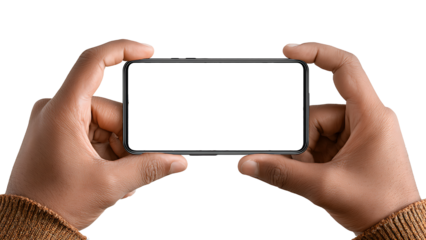 Hand holding the blank screen phone horizontally on transparent background PNG