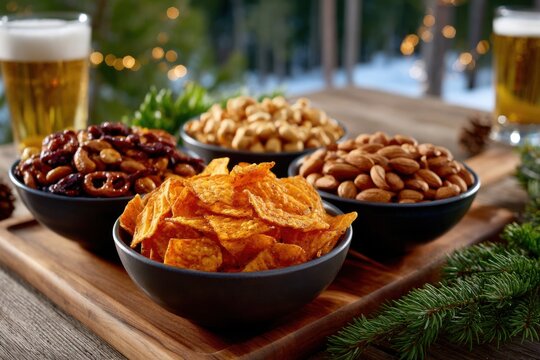 Gathering around snacks and drinks during a cozy winter evening with friends outdoors in front of festive lights