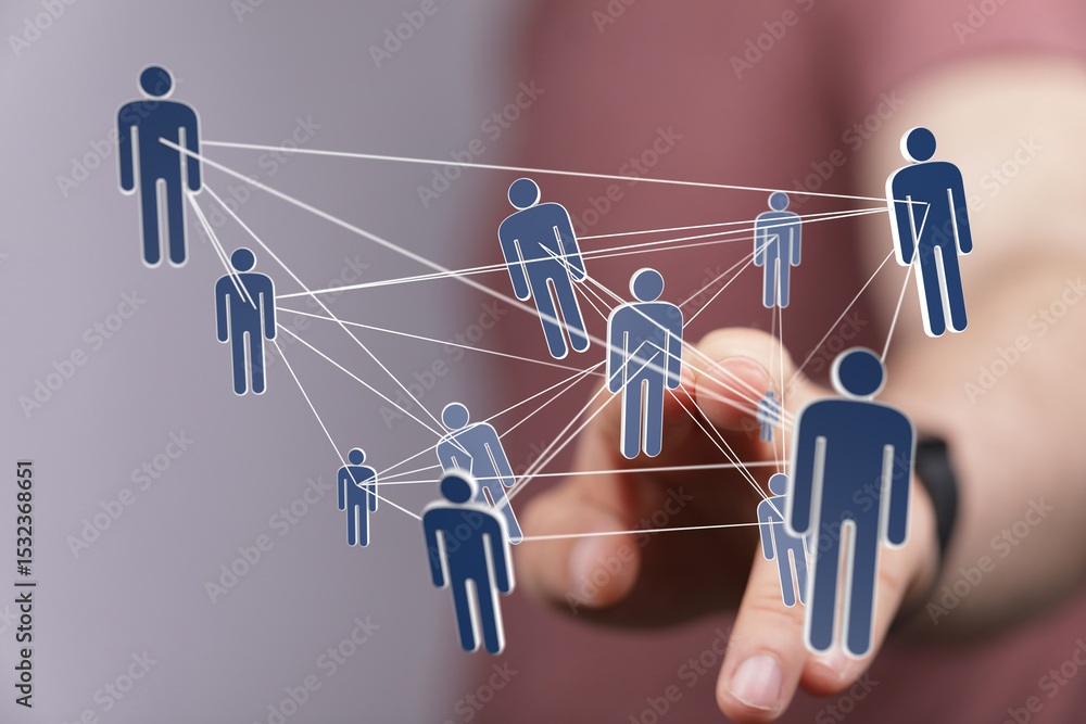 Poster image of a hand interacting with a network of interconnected people, symbolizing global communicatio