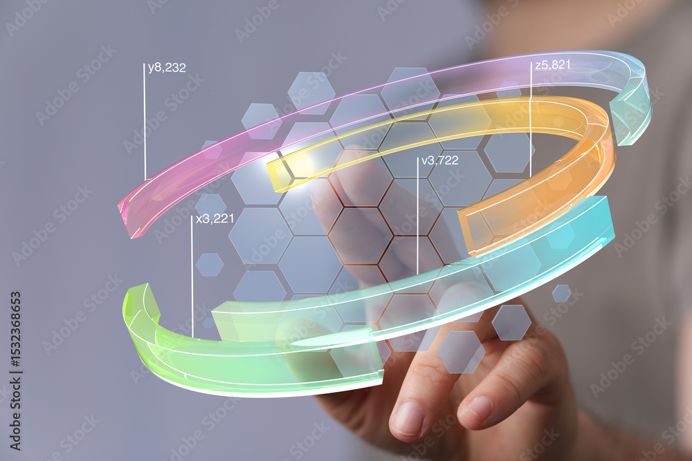 Poster Modern business analytics concept. Hand interacts with futuristic data charts and graphs.