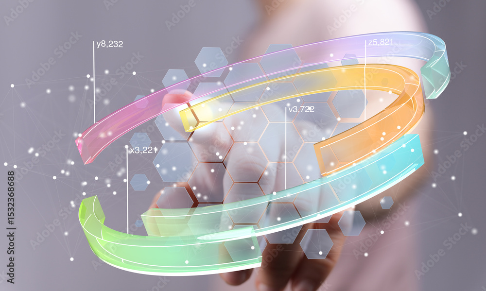 Poster Abstract image of a hand interacting with a futuristic data visualization.  Perfect for tech, innovation, and data analysis concepts.
