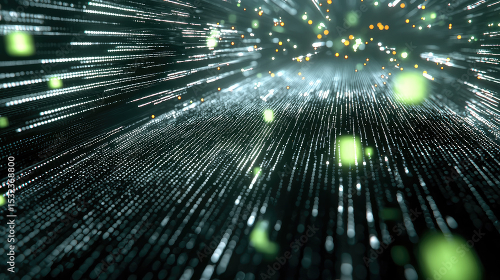 Poster Abstract digital background with glowing LED light shapes, green particles, and dynamic motion effect