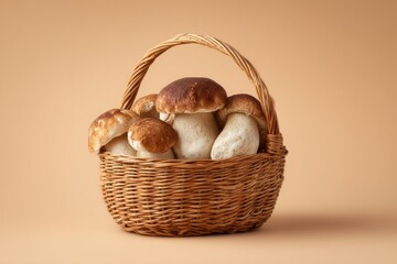 A basket full of mushrooms is sitting on a tan surface