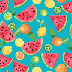 Juicy summer pattern. Sliced ​​watermelon, lemon, orange, lime and kiwi with juicy greens. Fruits on a blue background. Citrus background. Pattern for printing on wallpaper, fabrics, pajamas and other