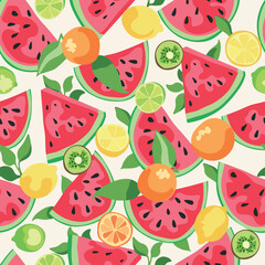 Juicy summer pattern. Sliced ​​watermelon, lemon, orange, lime and kiwi with juicy greens. Fruits on a light background. Citrus background. Pattern for printing on wallpaper, fabrics, pajamas and othe