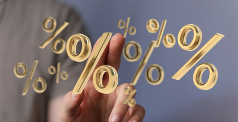 3D render of golden percentage symbols floating above a hand, perfect for finance, discounts, and...