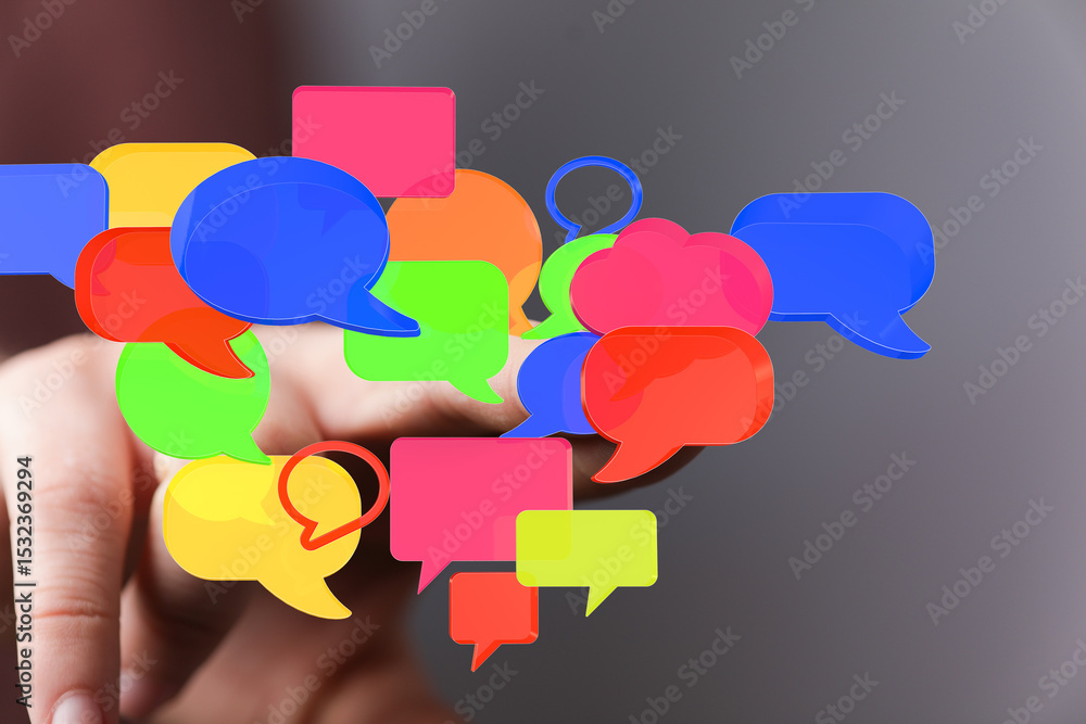Poster abstract image of colorful speech bubbles representing communication, social media, or online chat.