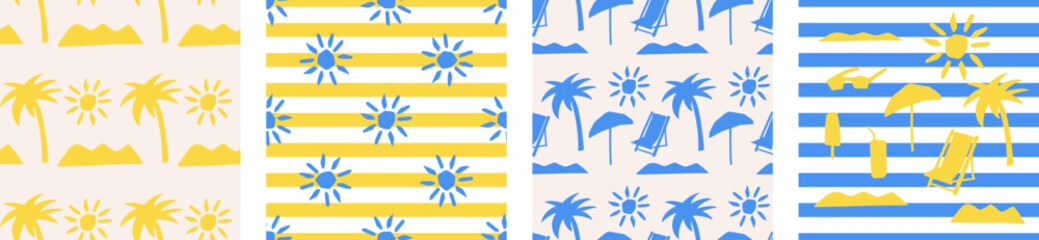 Tropical summer shapes seamless pattern set. Modern Tropical design with palm trees, stripes, and sun motifs in yellow and blue for paper, cover, fabric and other users