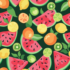 Juicy summer pattern. Sliced ​​watermelon, lemon, orange, lime and kiwi with juicy greens. Fruits on a dark green background. Citrus background. Pattern for printing wallpapers, wrappers, fabrics, paj
