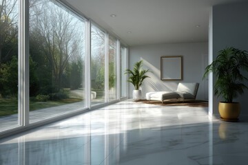 Sunlit Atrium: An expansive, sun-drenched atrium showcases modern minimalist design, with sleek lines and the vibrant greenery of potted plants, offering a serene space.