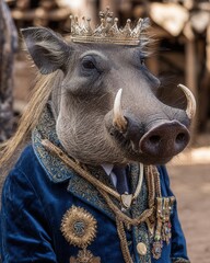 Regal Wild Boar in Lavish Royal Attire with Crown and Jewels
