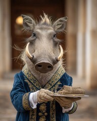 Humorous Wild Boar in Formal Attire Presenting a Plate