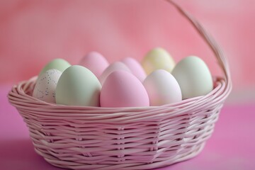 Colorful pastel Easter eggs in pink basket with shredded paper on soft background