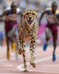 Cheetah Sprinting on Track with Athletes Racing in Background