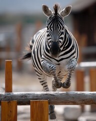 Zebra Running Over Obstacle in Natural Habitat at Wildlife Preserve