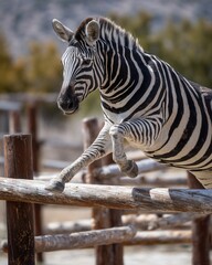 Majestic Zebra Leaping Over Wooden Barrier in Natural Habitat