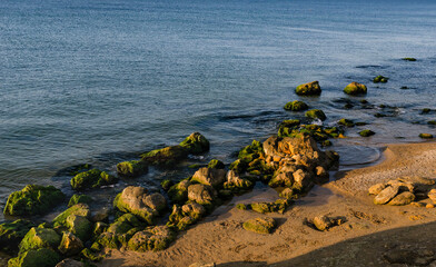 seashore with rocks among which water flows with open sea