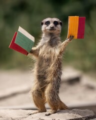 Playful Meerkat Holding Colorful Notebooks in Natural Setting