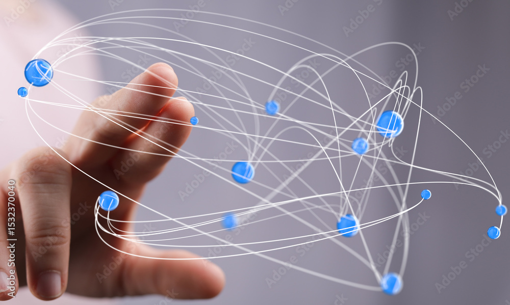 Fototapete Abstract image of a hand interacting with a network of digital nodes, representing global connection and data flow.