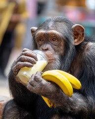 Chimpanzee Enjoying Smoothie and Holding Bananas in Natural Setting